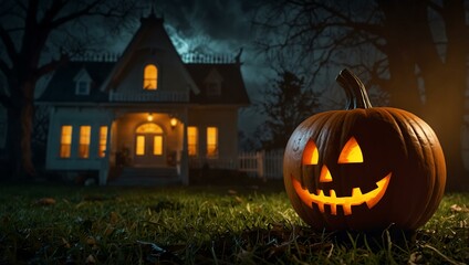 Halloween pumpkin glowing in front of a haunted house.