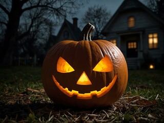 Halloween pumpkin lit up near a haunted mansion.