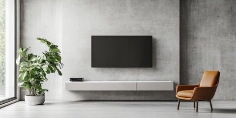 Modern Living Room Interior with TV Cabinet, Armchair, and Plant on Concrete Wall
