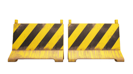 Yellow black Construction striped barricades isolated on transparent and white background, cut out png