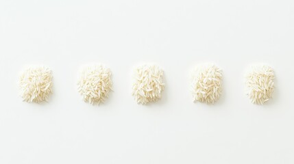 Rice grains elegantly arranged in a line on a white background, showcasing their clean, polished appearance and the simplicity of the product.