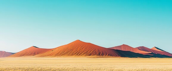 Reddish sand dunes stretch across the Namib Desert landscape, illuminated by the early morning sun against a sparkling blue sky