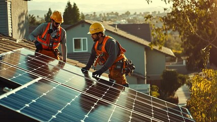 Slow motion montage showcases construction workers installing solar panels on a residential roof, highlighting teamwork and sustainability