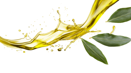 Delicious olive oil splash with fresh leaves on transparent and white background, cut out png