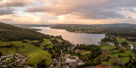 Aerial panoramic view of Lake Windermere from the Water Head area of Ambleside at sunrise
