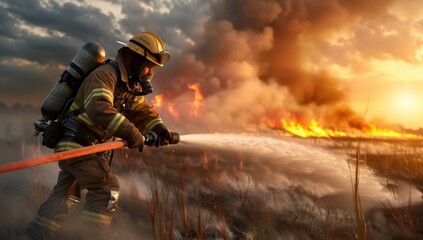 Naklejka premium Firefighter fighting a fire with a water spray, dynamic action photography, dark background, high contrast, fire particles, wide shot