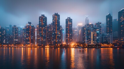 Fototapeta premium A cityscape at dawn, the sky painted in soft pastel colors, the city slowly coming to life