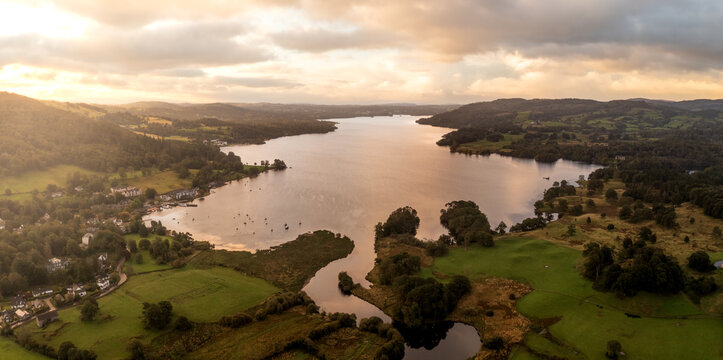 Aerial panoramic view of Lake Windermere from the Water Head area of Ambleside at sunrise