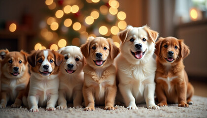 A warm and cozy scene photograph showcasing multiple  dogs, set against a blurred background with a prominent bokeh effect, festive background with dogs