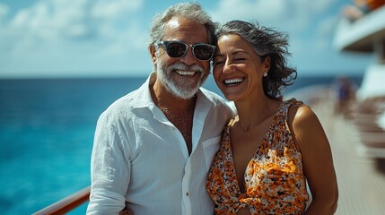 senior couple smiling and enjoying their time on a cruise ship deck with a stunning ocean view...