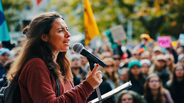 Activist passionately delivers a speech about climate change at a protest, engaging the crowd with powerful messages