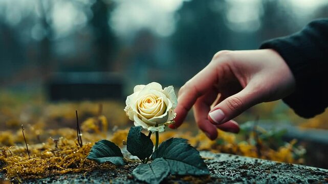 Slow motion captures a woman placing a white rose on a moss-covered tombstone, evoking themes of grief and remembrance