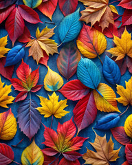 Autumn Foliage in Red, Blue, Yellow Tones, Nature Inspired Design, Artistic Pattern for Autumn Themed Creative Projects and Decor