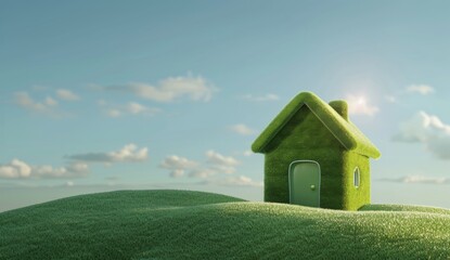 Green house in grass, green roof, green walls, sunlight shining on it, bright sky, 3d rendering, concept of eco-friendly home and environment protection