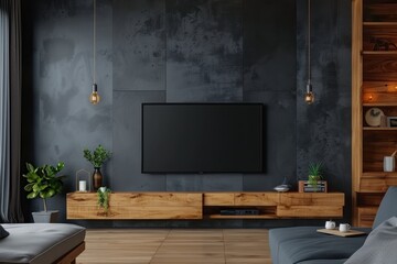 Modern room with wall-mounted TV and sophisticated wooden decor against dark wall.