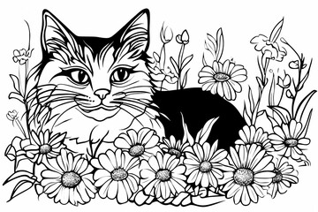 Obraz premium Coloring page with a cat, black and white outline. A great chance for children to show imagination and develop artistic skills.