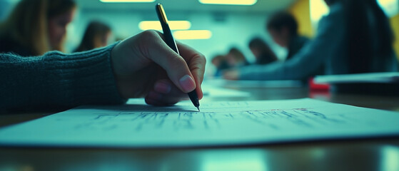 Obraz premium a student taking an educational admission test in a university classroom. close-up of the student's hand as they write answers on the test paper