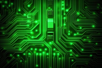 Obraz premium Glowing Green Circuit Board with Microchips Abstract Technology Background