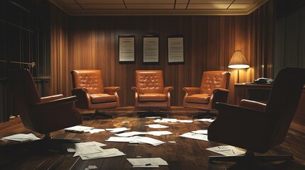 messy and unorganized corporate meeting space with dim lighting, empty chairs, and scattered papers, reflecting mismanagement and workplace inefficiency