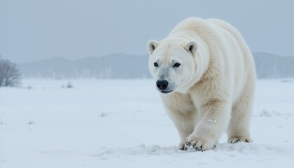 Polar bear walking, focused expression, snowy landscape, winter scenery, copy space