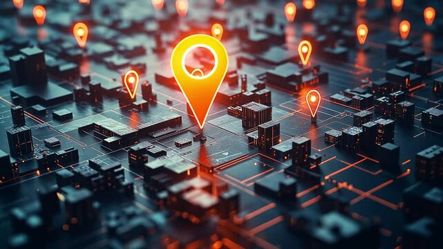 Glowing gps icon focuses on a location within an abstract 3d city, highlighting technology and navigation in motion