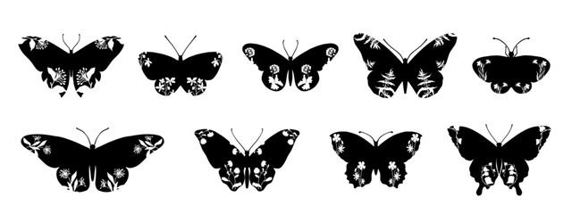 Collection of silhouettes, stamps of winged insect butterflies with botanical patterns on wings. Vector graphics.