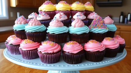 A delightful cupcake tower showcasing an array of colorful cupcakes with various toppings and decorations.
