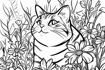 A black and white coloring book with a picture of a cat, ideal for children. Develops creative thinking and attention to detail.