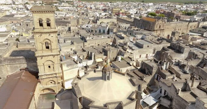 Aerial view of the bell tower of Manduria's Mother Church in the province of Taranto, Italy.