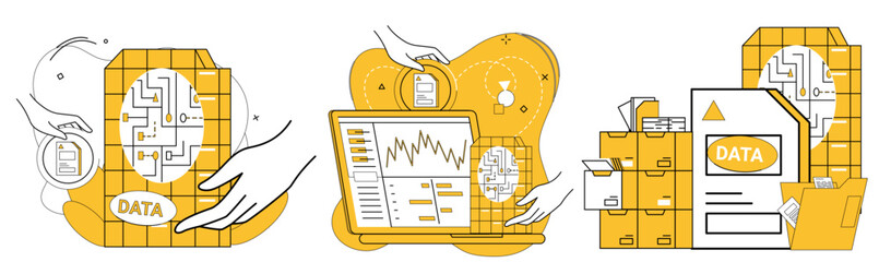 Work with data vector illustration. Digital service blooms under nurturing care precise data analytics Working with data metaphorically acts as alchemist, turning data into insights