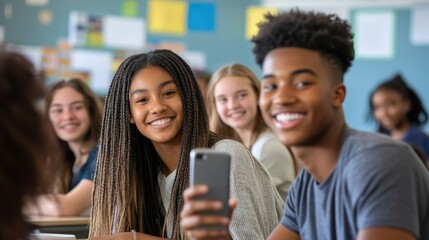Fototapeta premium Happy young students taking a selfie portrait together in a university or school classroom. An African-American guy takes a photo with his smiling classmates. Friends at the Academy