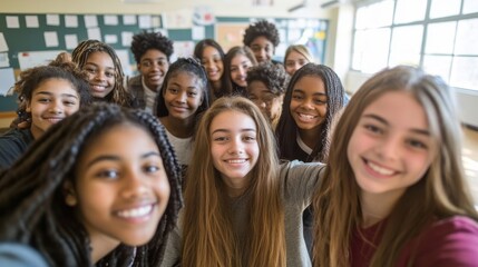 Fototapeta premium Happy young students taking a selfie portrait together in a university or school classroom. An American girl takes a photo with his smiling classmates. Friends at the Academy