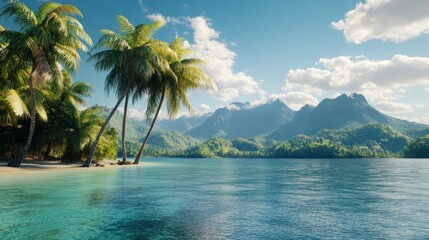 Tropical Paradise with Palm Trees and Mountains