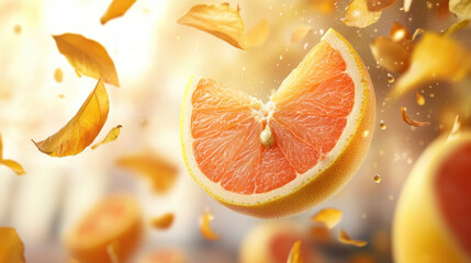 Fresh grapefruit slices burst with vibrant autumn colors, surrounded by falling petals, creating lively and refreshing atmosphere. image captures essence of seasonal change and vitality