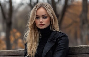 Obraz premium A young woman looks thoughtfully at the camera while sitting on a bench surrounded by autumn foliage, wearing a stylish outfit