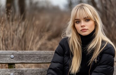 A young woman with long blonde hair sits thoughtfully on a wooden bench, surrounded by blurred tall grasses in a tranquil outdoor setting