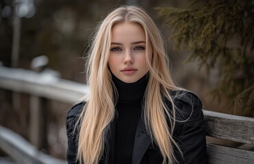 Obraz premium A young woman gazes intently while sitting on a rustic bench against a tranquil autumn backdrop filled with trees
