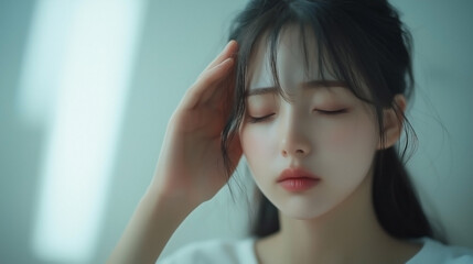 Fototapeta premium Asian young woman who is stressed and exhausted, suffering from vertigo and migraine symptoms