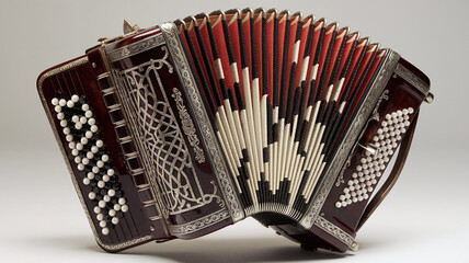 ornate vintage accordion with intricate pearl inlays isolated on pure white background