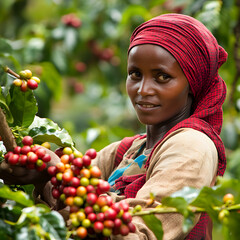 Woman picking the coffee fruit to begin the process of obtaining roasted coffee.
