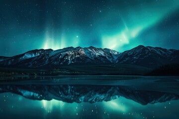 Obraz premium Vibrant Aurora Borealis Casting Colorful Glow Over Frozen Arctic Landscape With Mountains