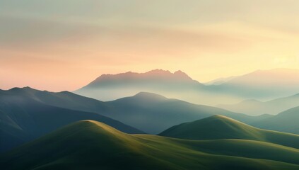 Fototapeta premium Photograph of rolling hills and mountains, soft focus, warm light, hazy, muted colors