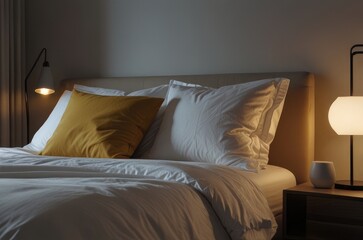 Closeup of a white bed,  A bedroom is decorated in the style of a minimalist aesthetic