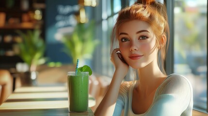 as a delightful girl with an infectious smile enjoys a refreshing green smoothie in a trendy cafe, embodying a sense of relaxation and rejuvenation in the midst of urban hustle and bustle
