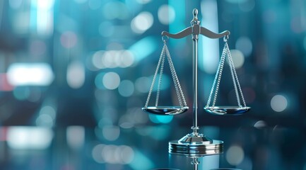 Scales of justice with abstract shapes in the background representing law and technology, digital cityscape background, futuristic style