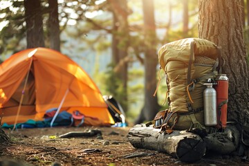 A backpack and camping gear are on a wooden table in the forest.