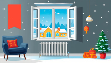 Obraz premium heating radiator in living room radiator, flat design