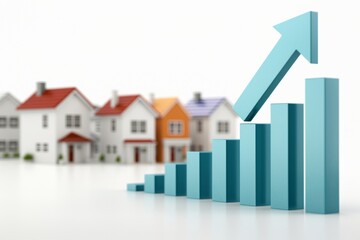Graphic of blue graph arrow going up, bar chart showing houses growing in value, white background