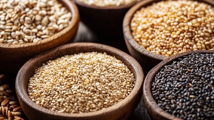 nutritious whole grains such as quinoa, oats, barley, and brown rice arranged in bowls, representing healthy food choices for a balanced diet and a lifestyle rooted in wellness