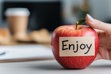A hand gently holding a red apple with a paper label reading "Enjoy" attached to the front. The simple yet impactful image promotes the idea of enjoying healthy snacks and positive living.
